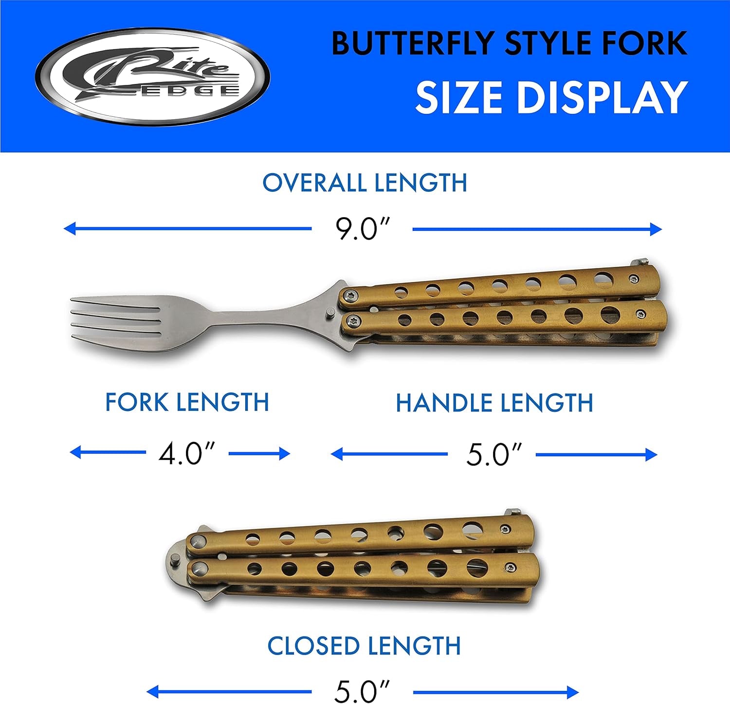 9” Gold Finished Butterfly-Open Style Travel/Camping Fork (211520-GD)