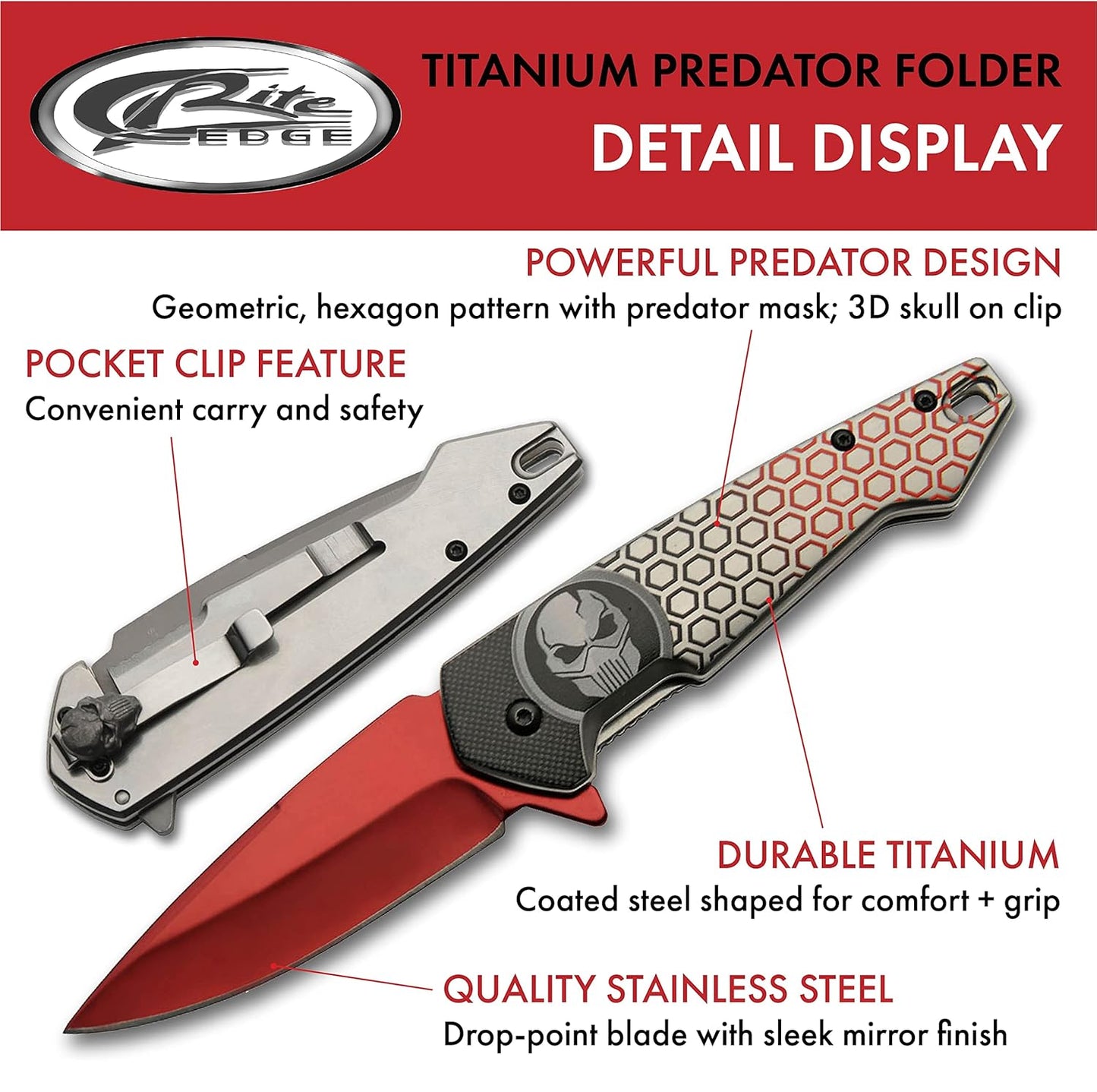 SZCO 7.75” Red Titanium Finished Predator EDC Folding Knife with Pocket Clip (300578-RD)