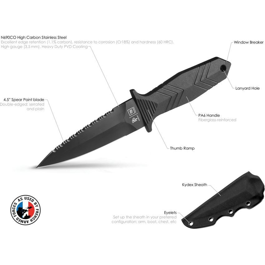 TB Outdoor 002 Protecteur Tactical Serrated Black Fixed Blade Knife Black Handles