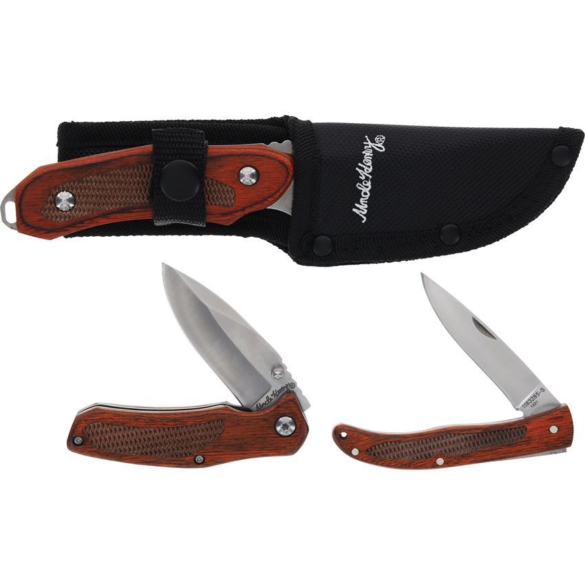 Schrade P1183285 Uncle Henry Satin Folding/Fixed Knife Combo Brown Handles