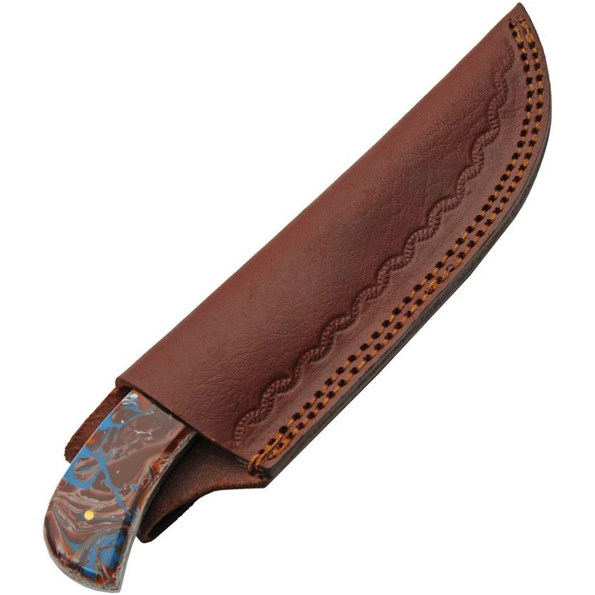 Damascus 1381 Space Hunter Damascus Fixed Blade Knife Blue and Brown Handles