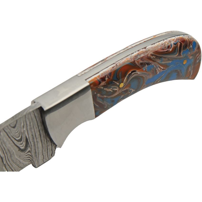 Damascus 1381 Space Hunter Damascus Fixed Blade Knife Blue and Brown Handles