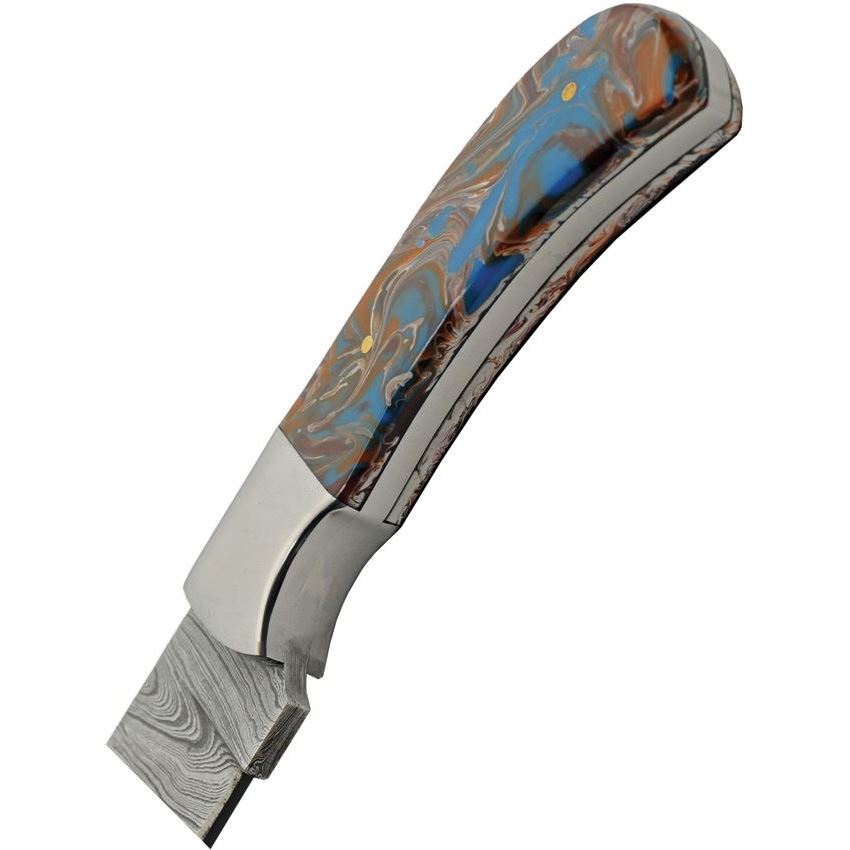 Damascus 1381 Space Hunter Damascus Fixed Blade Knife Blue and Brown Handles