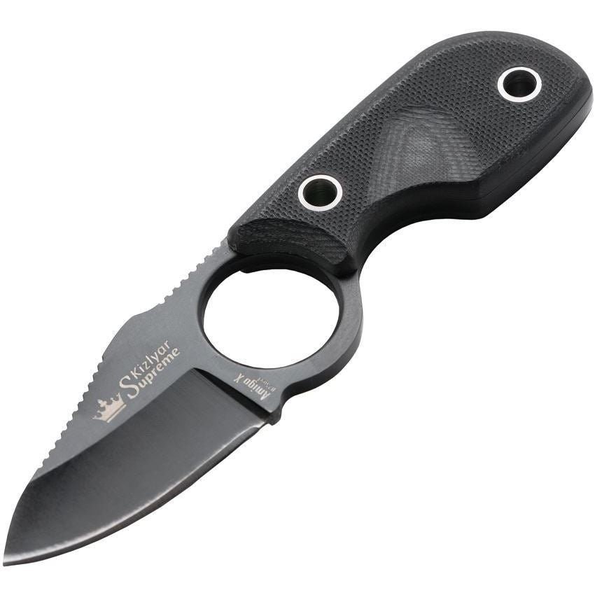 Kizer 0091 Amigo X Neck Fixed Black Tini Finish Blade Knife with Black G-10 Red Trim Handles