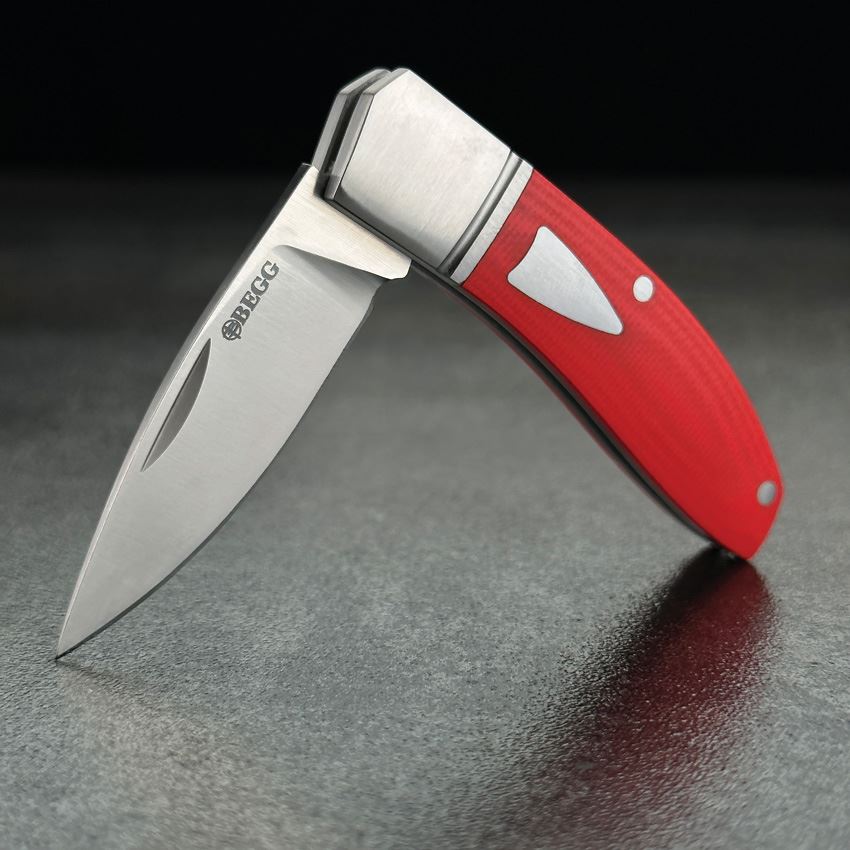 Begg 044 Mini Hunter Drop Point Slip Joint Knife Stainless Bolster Red Handles