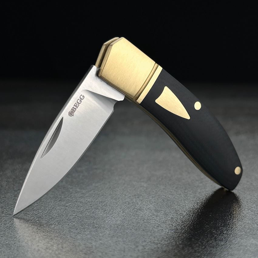 Begg 045 Mini Hunter Drop Point Slip Joint Knife Brass Bolster Black Handles