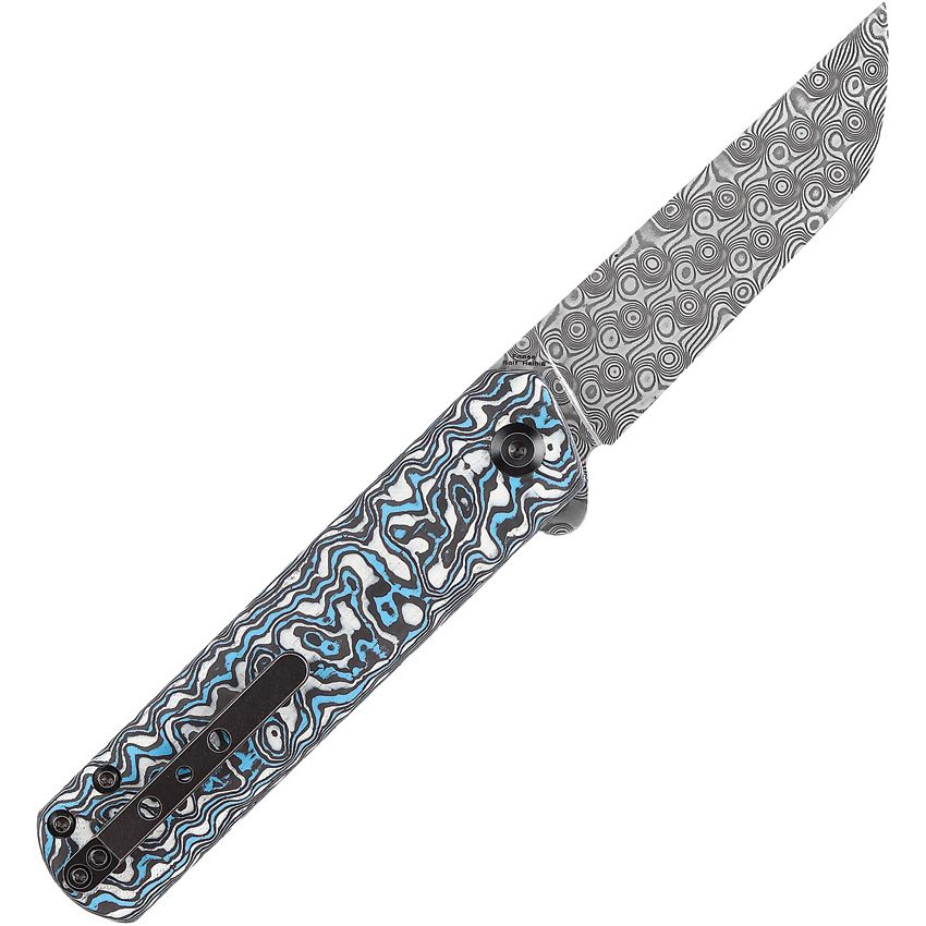 Kansept 2020T2 Foosa Damascus Slip Joint Knife Blue/White Handles