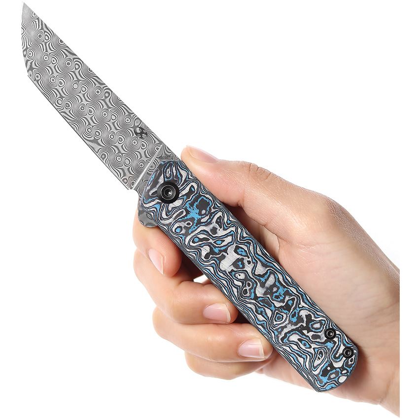 Kansept 2020T2 Foosa Damascus Slip Joint Knife Blue/White Handles