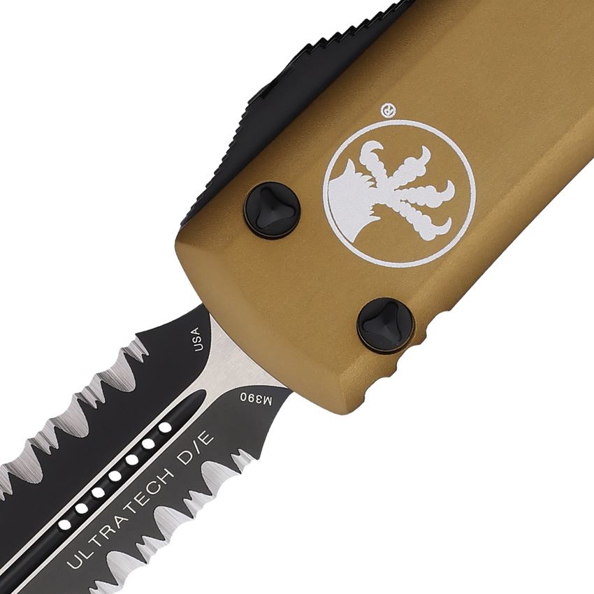 Microtech 1222TA Auto UTX-85 Two Tone Part Serrated Double Edge Dagger OTF Knife Tan Handles