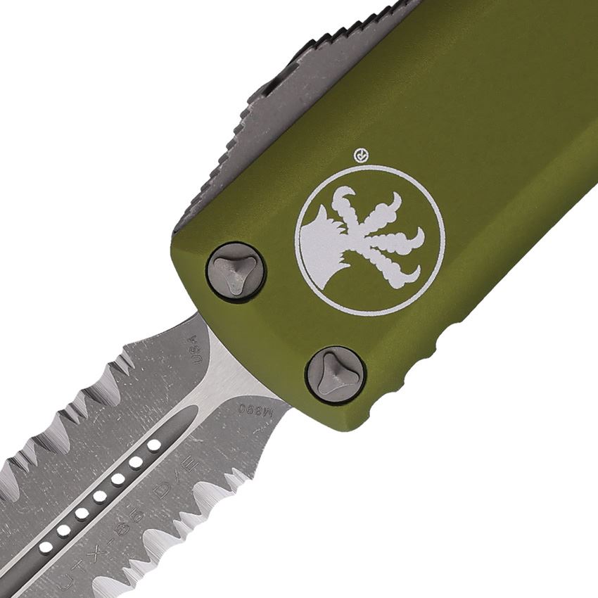 Microtech 23211APOD Auto UTX-85 Apocalyptic Part Serrated Dagger OTF Knife OD Green Handles