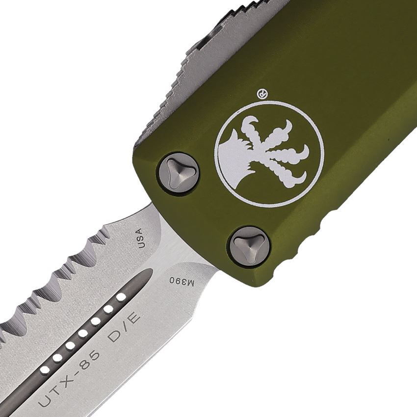 Microtech 23212OD Auto UTX-85 Stonewashed Part Serrated Dagger Edge OTF Knife Black Handles