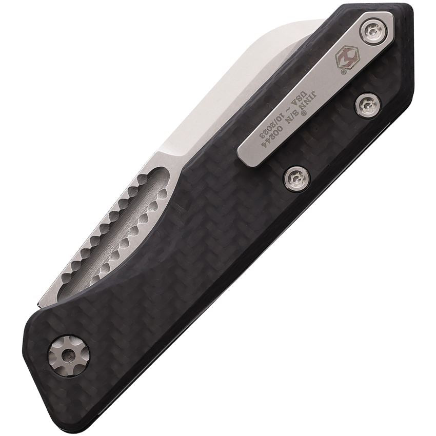 Heretic 0132BCF Jinn Stonewash Part Serrated Slip Joint Knife Carbon Fiber Handles