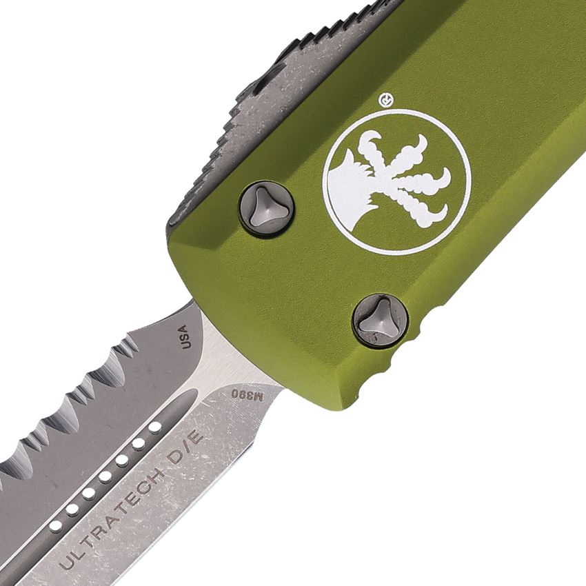 Microtech 12212APOD Auto Ultratech Apocalyptic Serrated Double Edge Dagger OTF Knife OD Green Handles