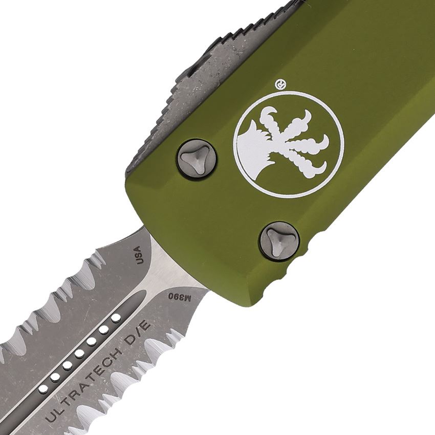 Microtech 12211APOD Auto Ultratech Apocalyptic Part Serrated Double Edge Dagger OTF Knife OD Green Handles