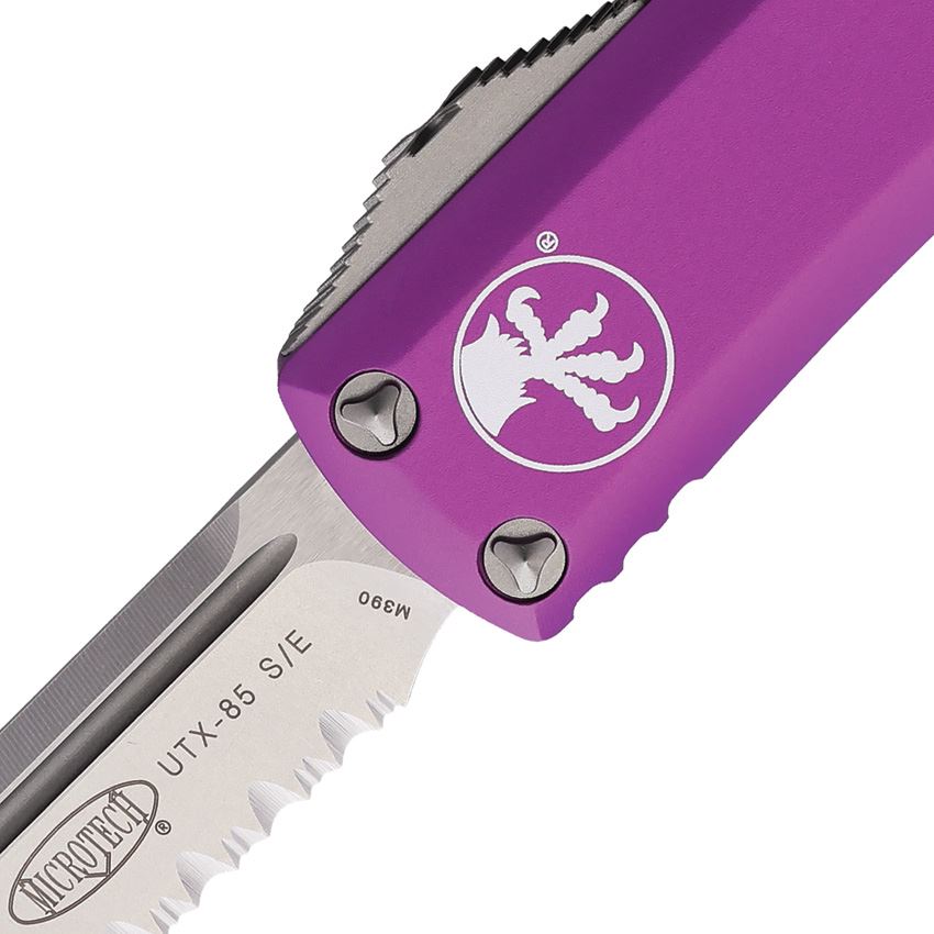 Microtech 23111VI Auto UTX-85 Stonewash Part Serrated Single Edge OTF Knife Violet Handles