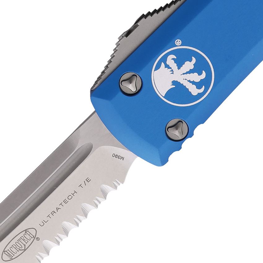 Microtech 12311BL Auto Ultratech Stonewash Part Serrated Tanto Edge OTF Knife Blue Handles