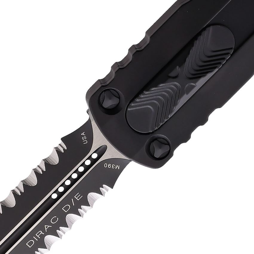 Microtech 2252T Auto Dirac Black Part Serrated Double Edge Dagger OTF Knife Black Handles