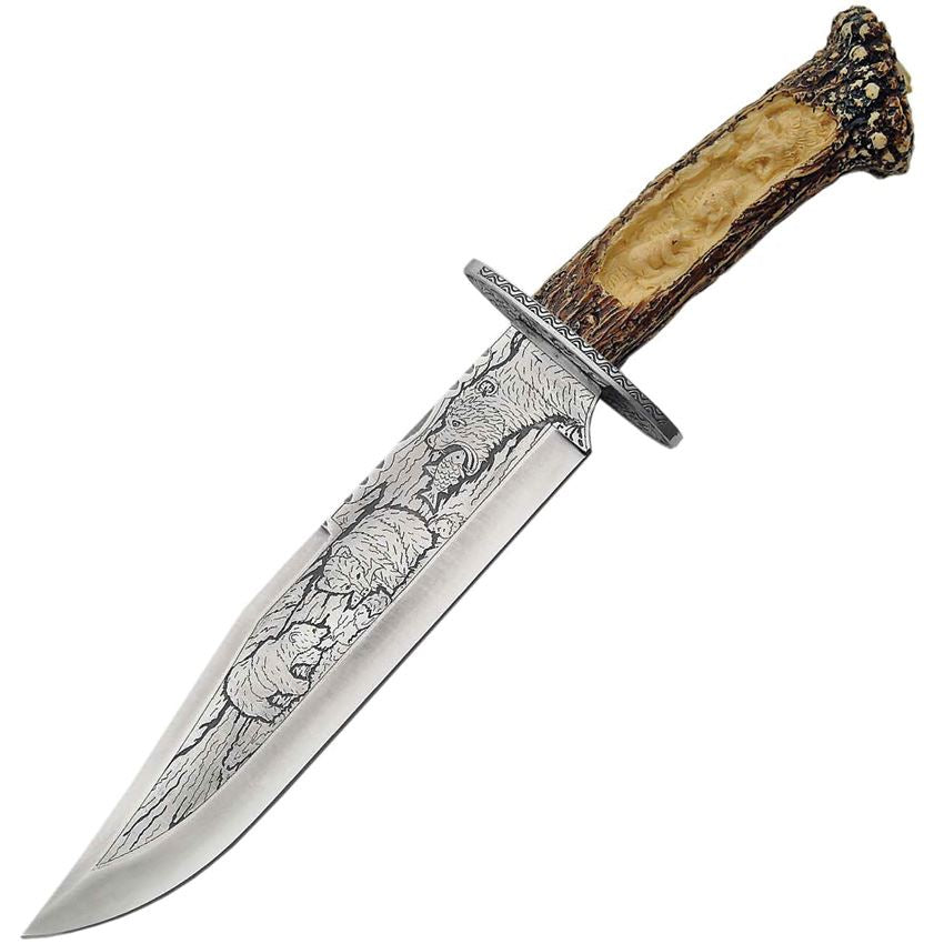 China Made 211165BE Bear Etched Bowie Fixed Blade Knife with Imitation Stag Handles