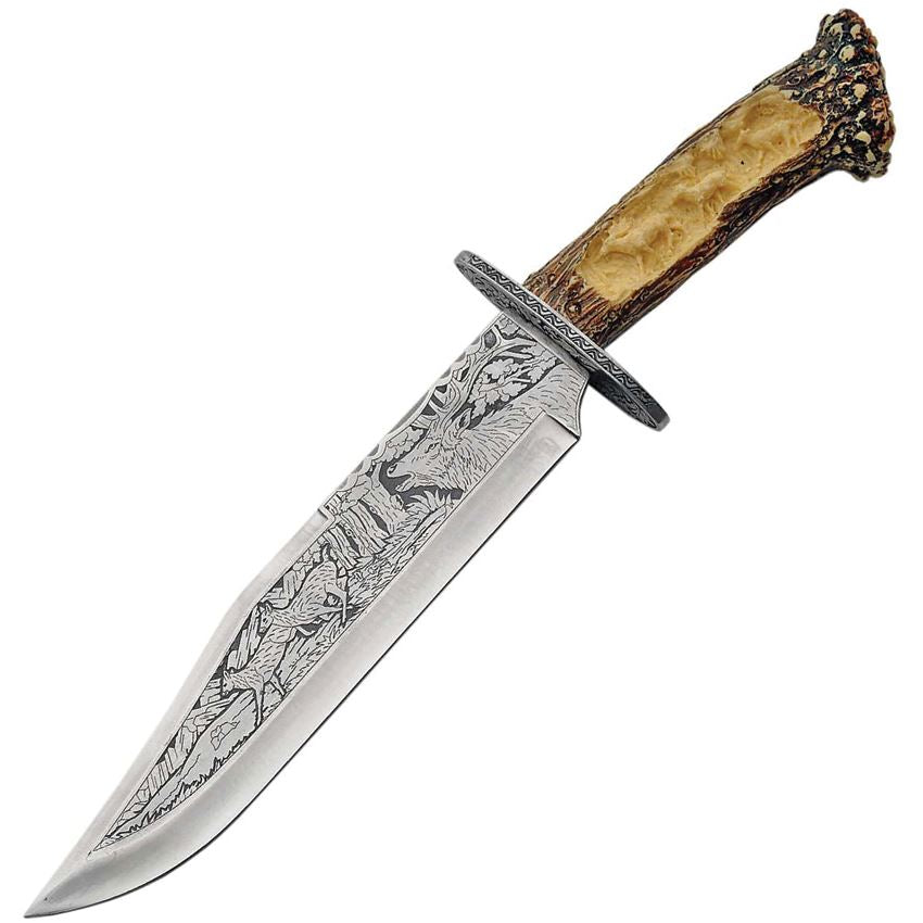 China Made 211165DE Deer Etched Bowie Fixed Blade Knife with Imitation Stag Handles