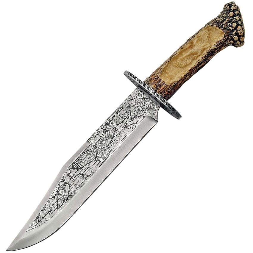 China Made 211165EG Eagle Etched Bowie Fixed Blade Knife with Imitation Stag Handles