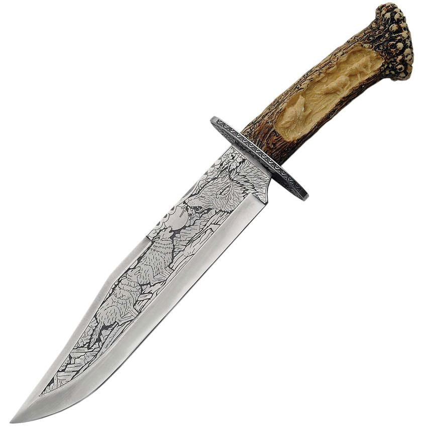 China Made 211165WF Wolf Etched Bowie Fixed Blade Knife with Imitation Stag Handles