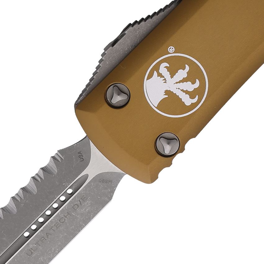 Microtech 12212APTA Auto Ultratech Serrated Apocalyptic Double Edge Dagger OTF Knife Tan Handles