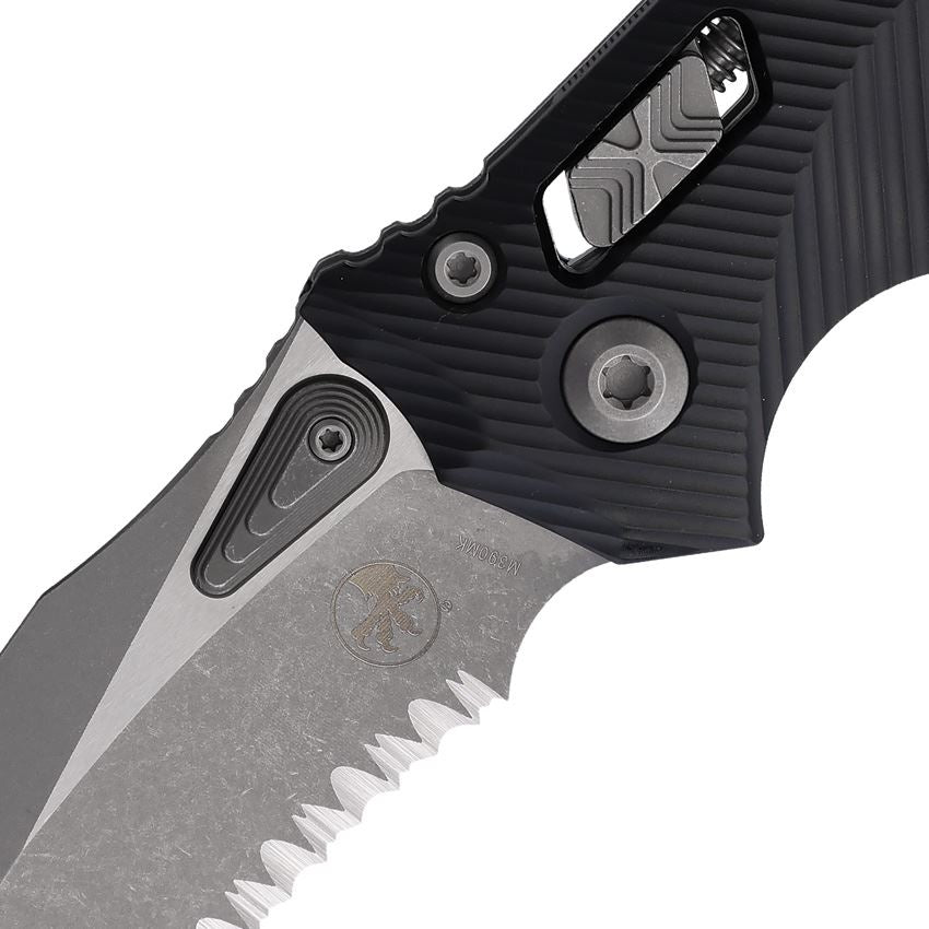 Microtech 16162 Amphibian Part Serrated Apocalyptic Single Edge Ram-Lok Knife Black Fluted Handles