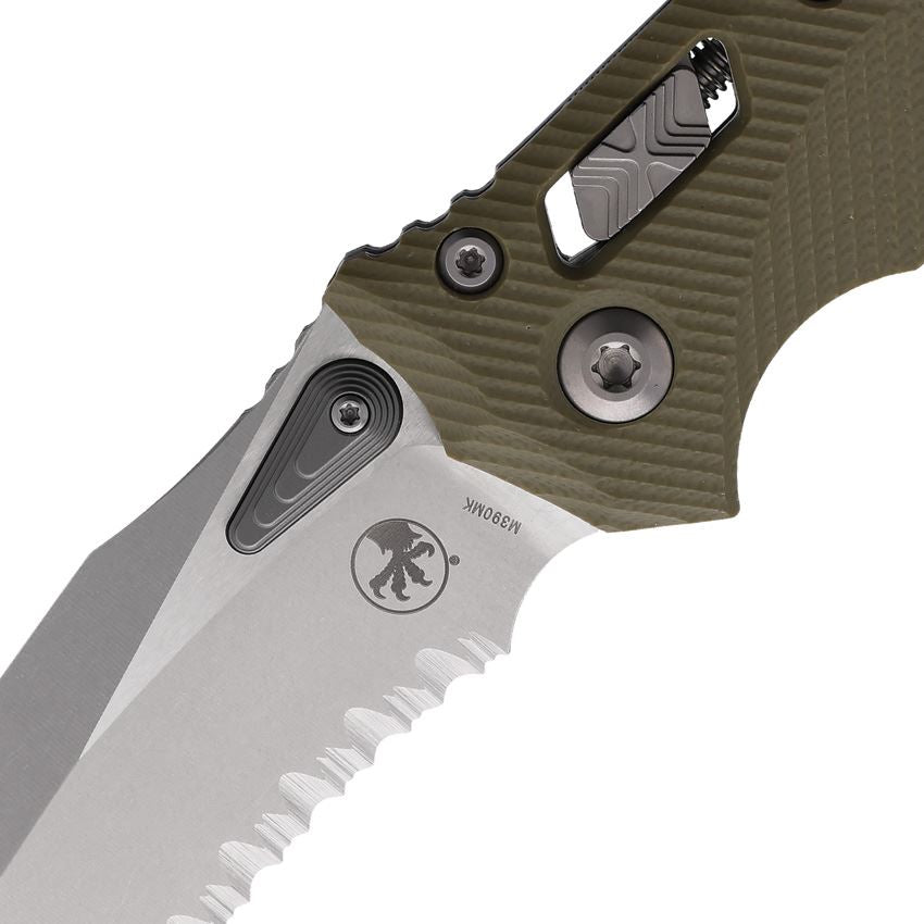 Microtech 16223 Amphibian Part Serrated Single Edge Stonewash Ram-Lock Knife OD Green Handles