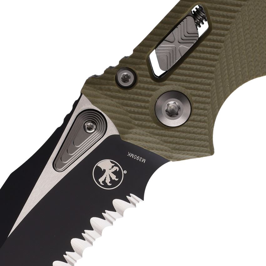 Microtech 16389 Amphibian Part Serrated Single Edge Two-Tone Ram-Lok Knife OD Green G10 Handles