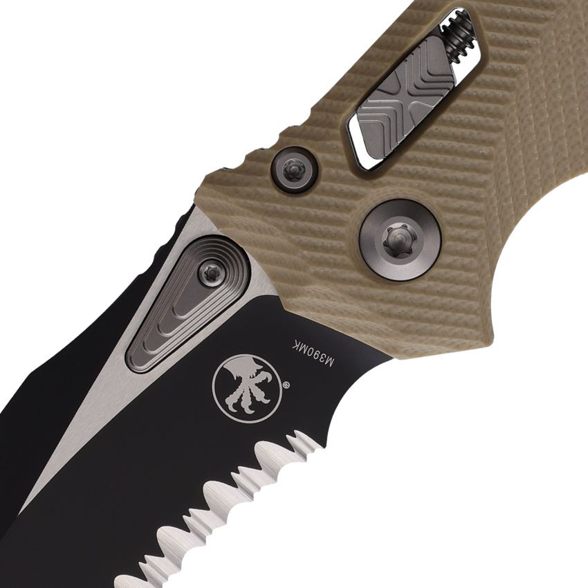 Microtech 16391 Amphibian Part Serrated Single Edge Two-Tone Ram-Lok Knife Tan G10 Handles