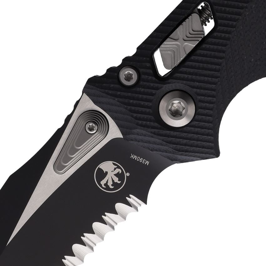 Microtech 16386 Amphibian Part Serrated Single Edge Two-Tone Ram-Lok Knife Black G10 Handles