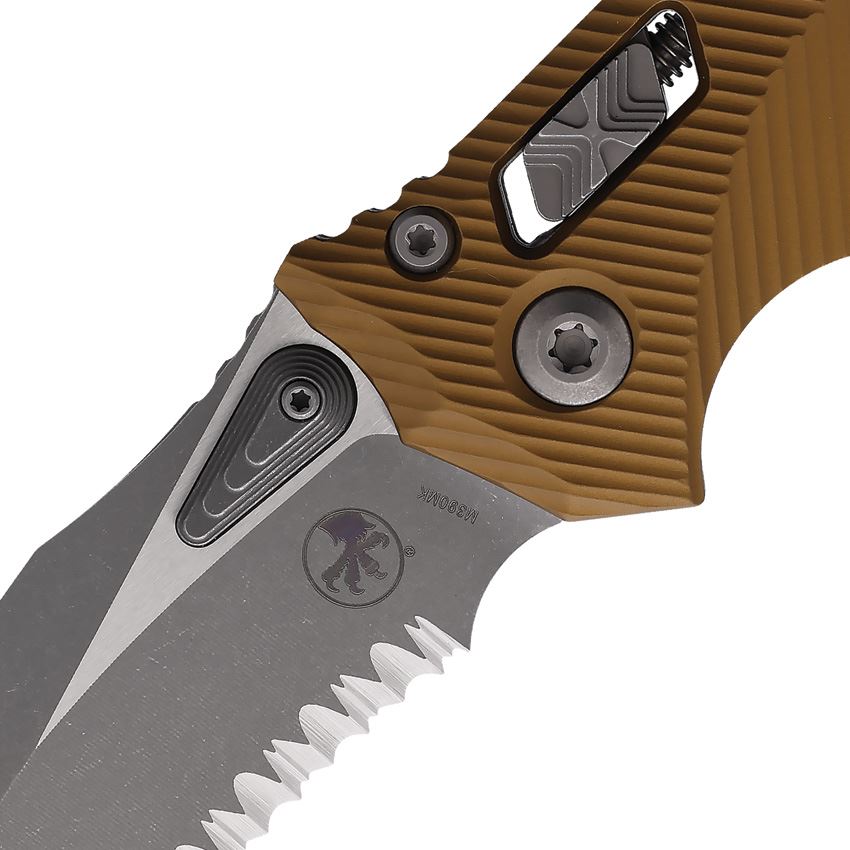 Microtech 16886 Amphibian Part Serrated Apocalyptic Single Edge Ram-Lok Knife Tan G10 Handles