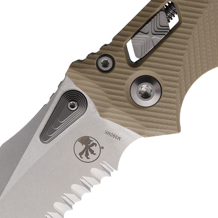 Microtech 16388 Amphibian Part Serrated Stonewash Ram-Lock Knife Tan Handles