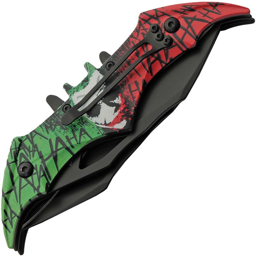 Rite Edge 300609JK Laughing Joker Assist Open Black Linerlock Knife Red/Green Handles