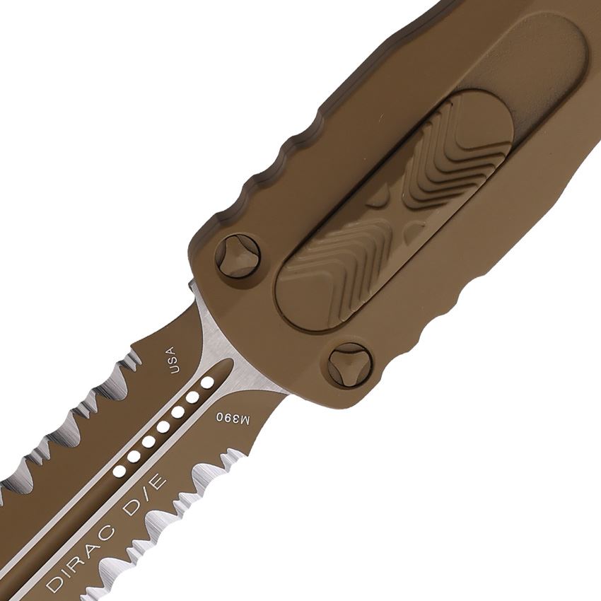 Microtech 2252CTA Auto Dirac Part Serrated Tan Double Edge Dagger OTF Knife Tan Handles