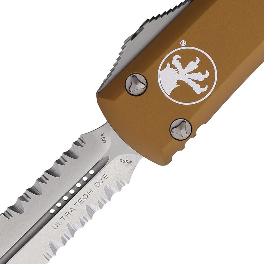 Microtech 12211TA Auto Ultratech Stonewash Part Serrated Double Edge Dagger OTF Knife Tan Handles