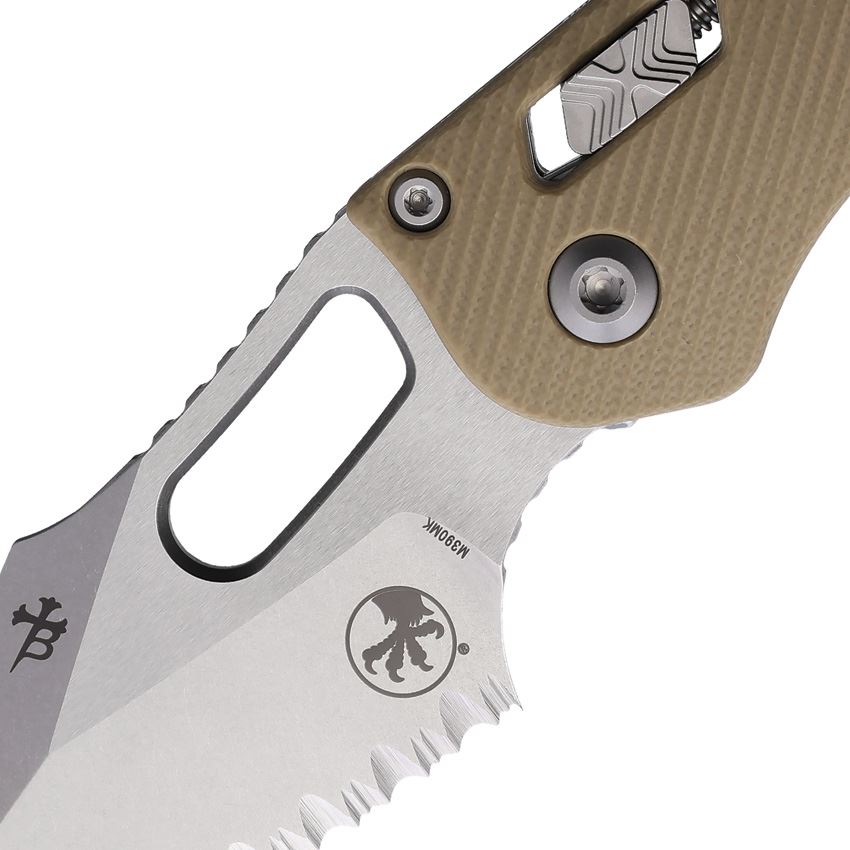 Microtech 16222 Stitch Stonewash Part Serrated Single Edge Ram Lok Knife Tan Handles