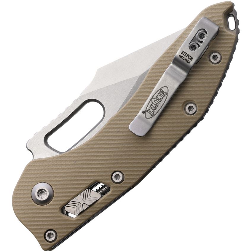 Microtech 16222 Stitch Stonewash Part Serrated Single Edge Ram Lok Knife Tan Handles