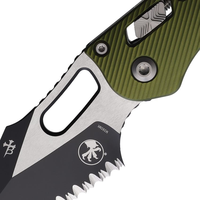 Microtech 16670 Stitch Two-Tone Part Serrated Single Edge Ram Lok Knife OD Green Fluted Handles