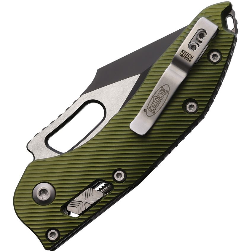 Microtech 16670 Stitch Two-Tone Part Serrated Single Edge Ram Lok Knife OD Green Fluted Handles