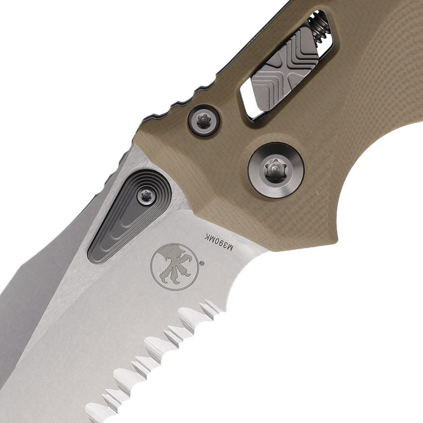 Microtech 16984 Amphibian Stonewash Part Serrated Single Edge Ram Lok Knife Tan Handles