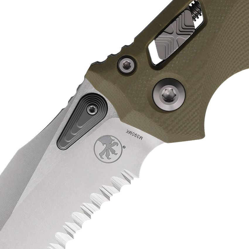 Microtech 16986 Amphibian Stonewash Part Serrated Single Edge Ram Lok Knife OD Green Frag Handles