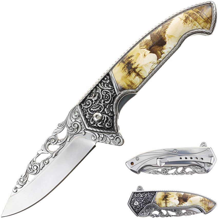 S-TEC 27801EG Wildlife Assist Open Framelock Knife Eagle Handles