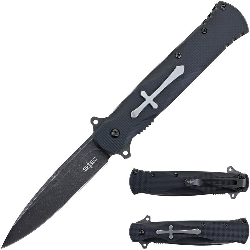 S-TEC S017 Cross Assist Open Black Stonewash Linerlock Knife Black Handles