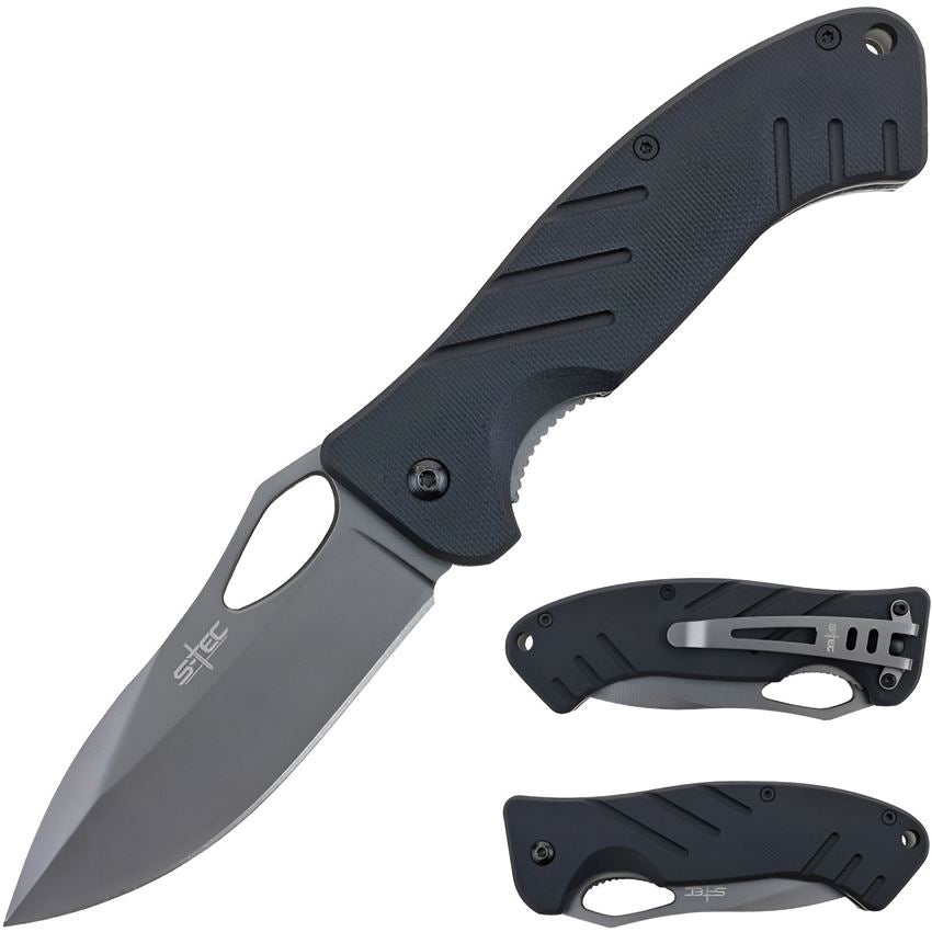 S-TEC S018 Assist Open Gray Drop Point Linerlock Knife Black Handles