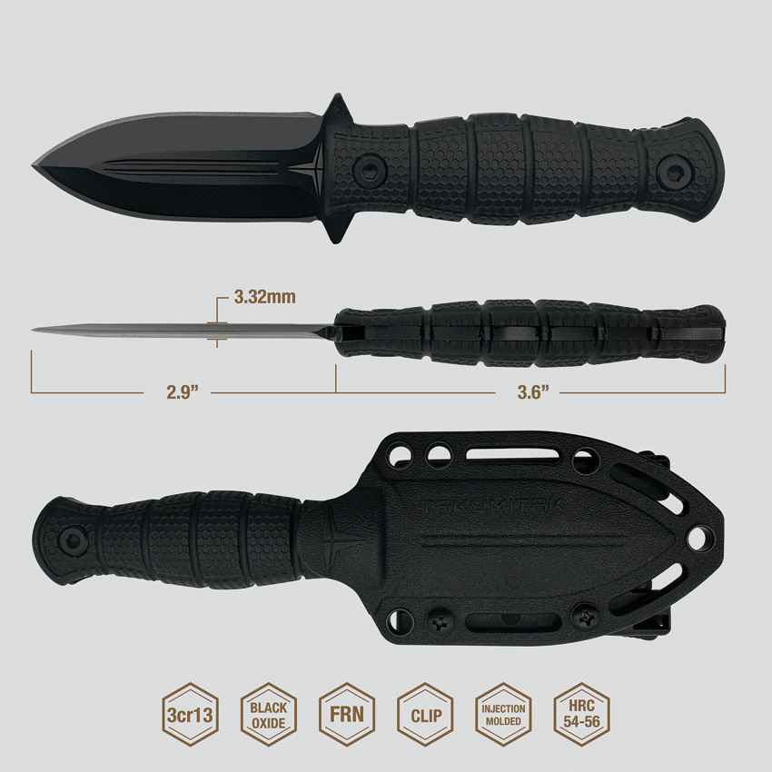 Takumitak 3S04 Little Buddy Black Double Edge Spear Point Fixed Blade Knife Black Handles