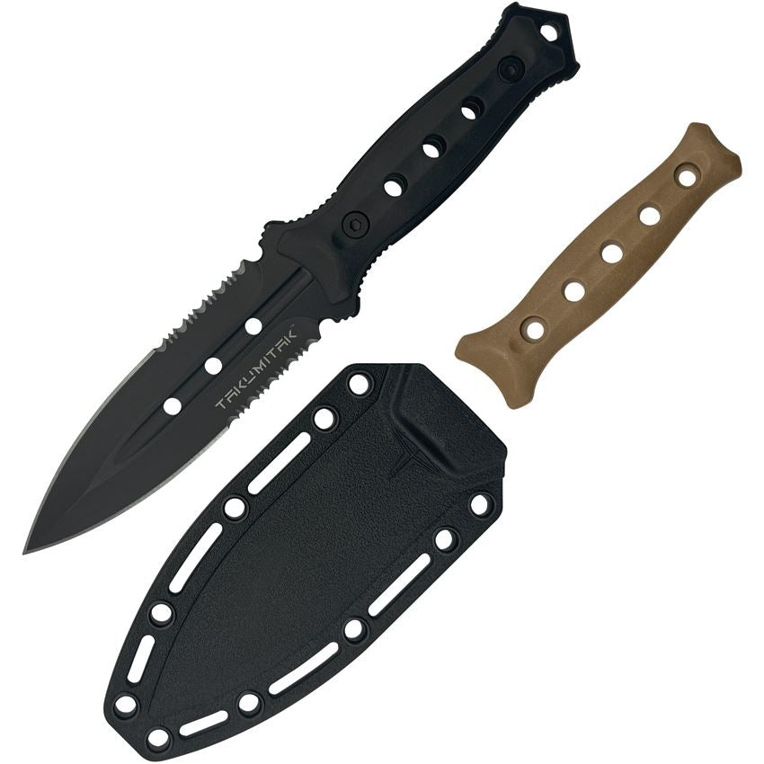 Takumitak 316 Unrestricted Black Part Serrated Dagger Fixed Blade Knife Black Handles