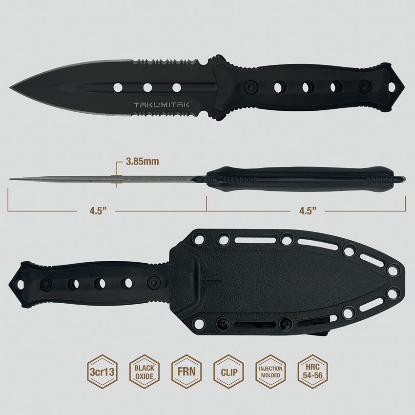 Takumitak 316 Unrestricted Black Part Serrated Dagger Fixed Blade Knife Black Handles