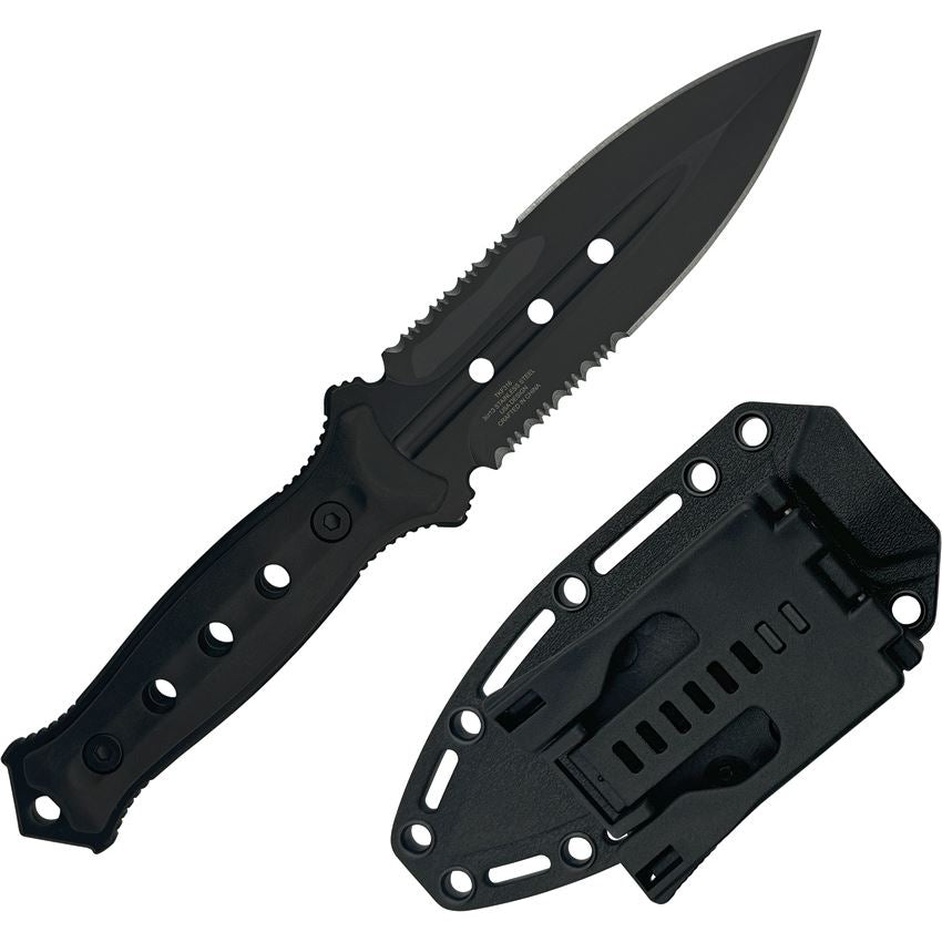 Takumitak 316 Unrestricted Black Part Serrated Dagger Fixed Blade Knife Black Handles