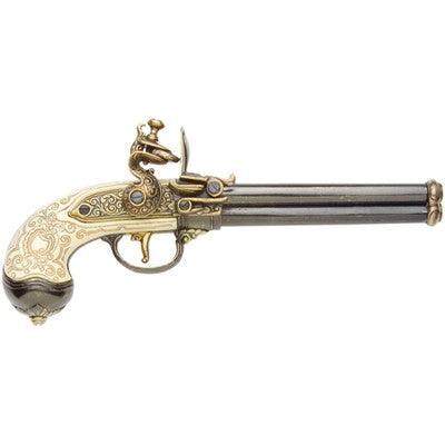 Colonial Brass Italian 3 Barrel Flintlock Pistol Non-Firing Replica